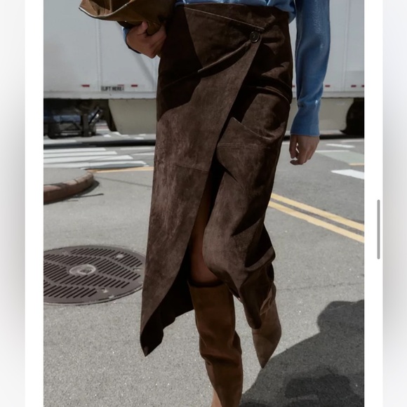 Zara NWT 100% leather wrap midi skirt brown 6318/236 - Picture 6 of 12